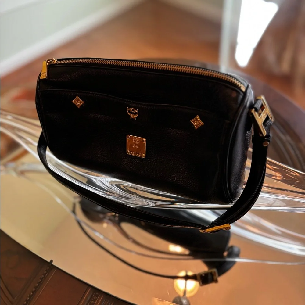 MCM Black Leather Papillion Shoulder Bag with Gold Accents - Picture 2 of 12